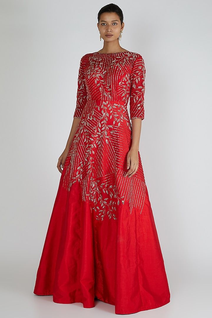 Red Embroidered Gown by MASUMI MEWAWALLA