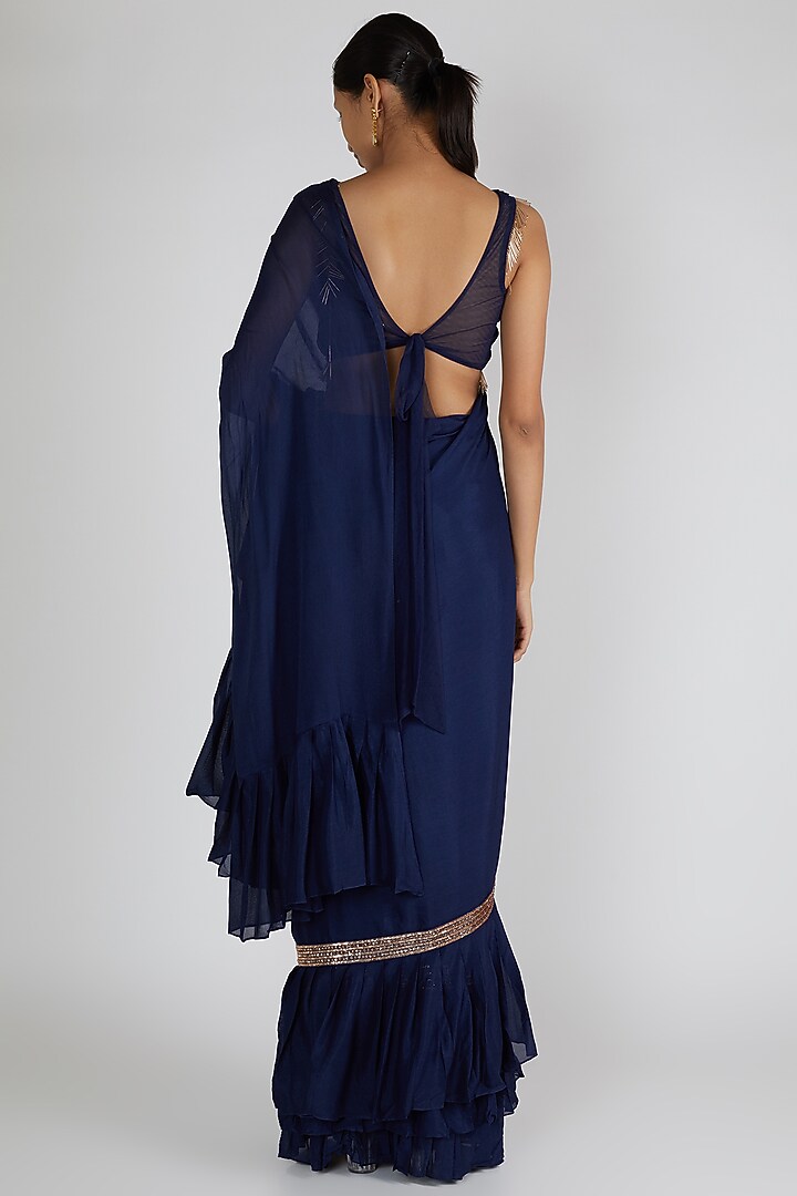 Cobalt Blue Embroidered Ruffled Wedding Saree Set by MASUMI MEWAWALLA at Pernia's Pop Up Shop