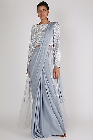 Grey Raw Silk & Organza Sequins Embroidered Jacket Saree Set by MASUMI MEWAWALLA
