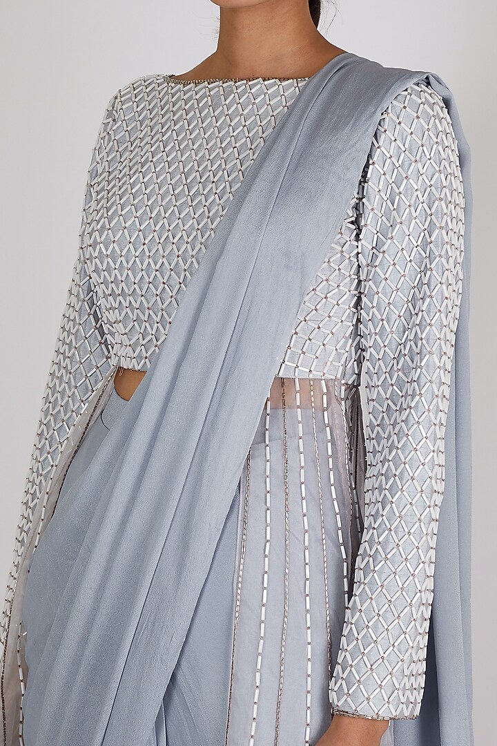 Grey Raw Silk & Organza Sequins Embroidered Jacket Wedding Saree Set by MASUMI MEWAWALLA at Pernia's Pop Up Shop