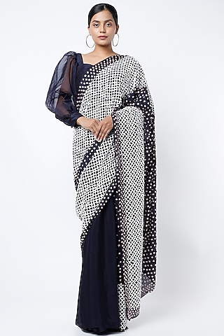 Charcoal Blue Embroidered Saree by MASUMI MEWAWALLA