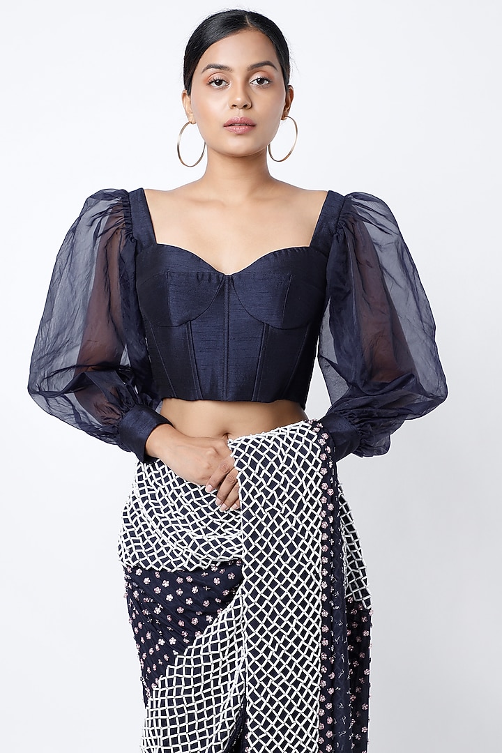 Charcoal Blue Embroidered Wedding Saree by MASUMI MEWAWALLA at Pernia's Pop Up Shop