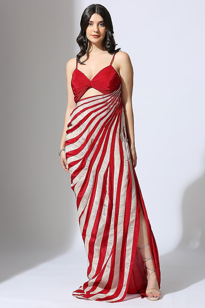 Red & Beige Natural Crepe Color Blocked Stripe Draped Dress by MASUMI MEWAWALLA