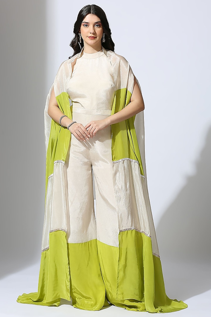 Lime Green & Beige Natural Crepe Color Blocked Jumpsuit With Jacket by MASUMI MEWAWALLA