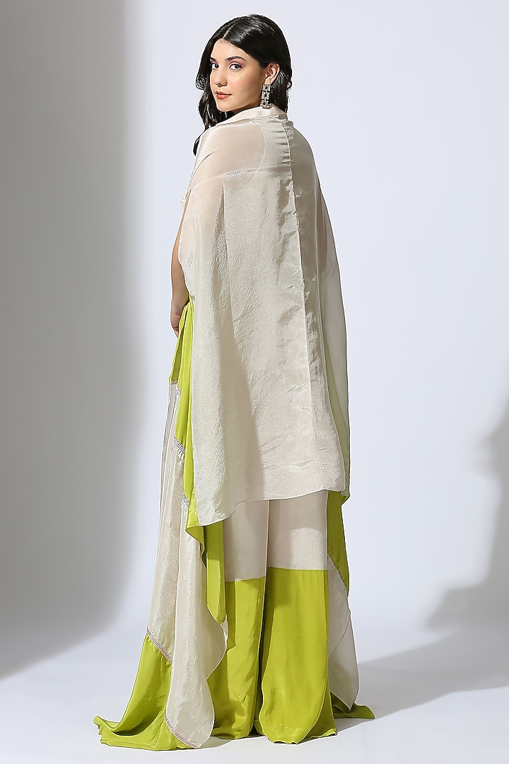 Lime Green & Beige Natural Crepe Color Blocked Jumpsuit With Jacket by MASUMI MEWAWALLA at Pernia's Pop Up Shop