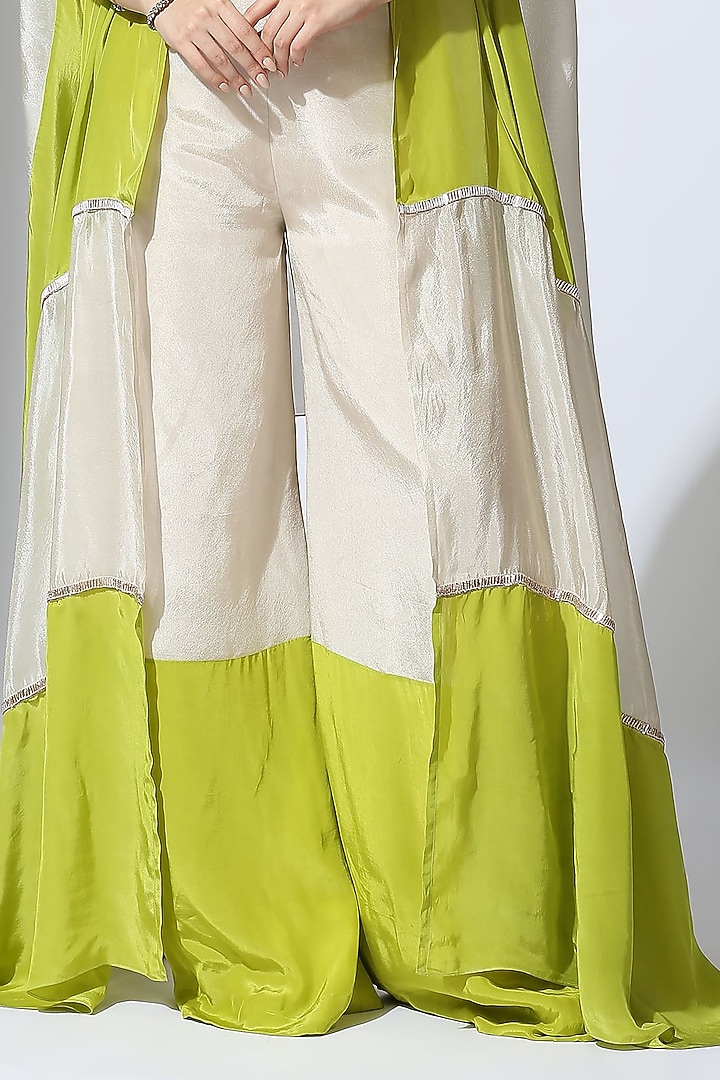 Lime Green & Beige Natural Crepe Color Blocked Jumpsuit With Jacket by MASUMI MEWAWALLA at Pernia's Pop Up Shop