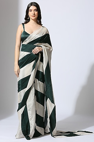Bottle Green & Beige Natural Crepe Color Blocked Striped Saree Set by MASUMI MEWAWALLA