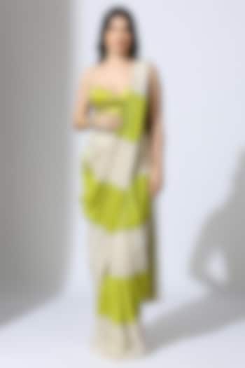 Lime Green & Beige Natural Crepe Color Blocked Striped Saree Set by MASUMI MEWAWALLA