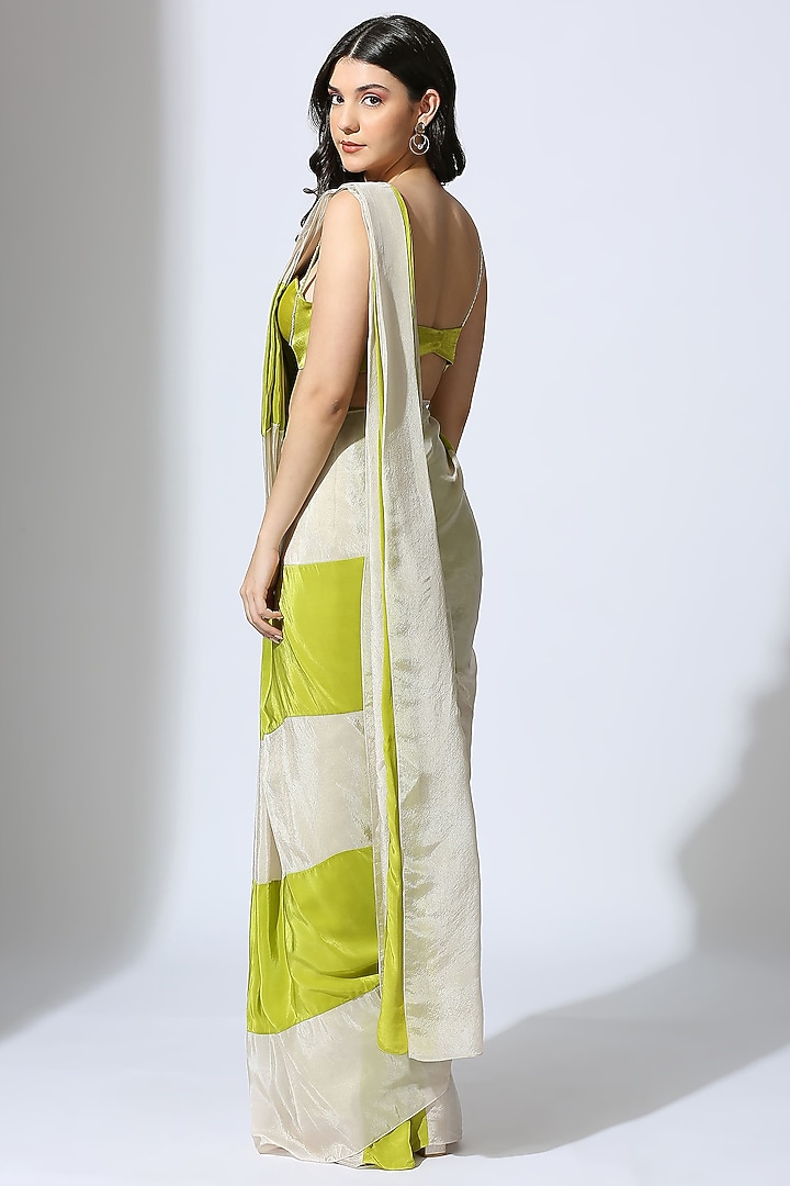 Lime Green & Beige Natural Crepe Color Blocked Striped Party Wear Saree Set by MASUMI MEWAWALLA at Pernia's Pop Up Shop
