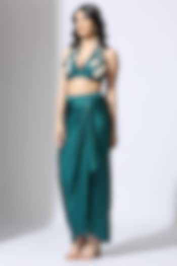 Teal Green Natural Crepe & Tissue Draped Skirt Set by MASUMI MEWAWALLA