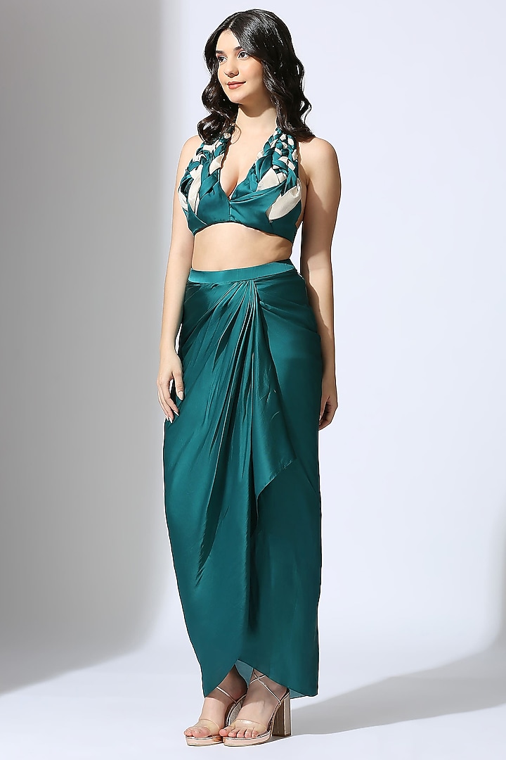 Teal Green Natural Crepe & Tissue Draped Skirt Set by MASUMI MEWAWALLA