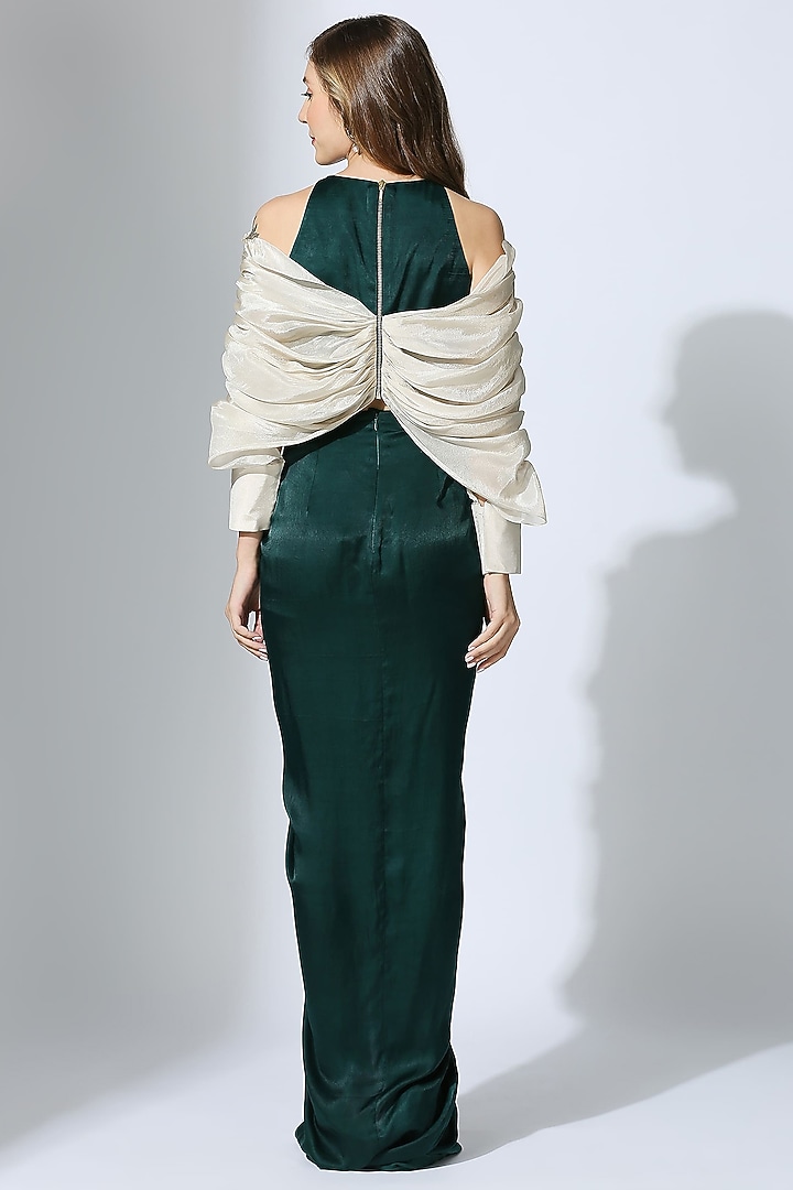 Bottle Green Natural Crepe Draped Skirt Set by MASUMI MEWAWALLA at Pernia's Pop Up Shop