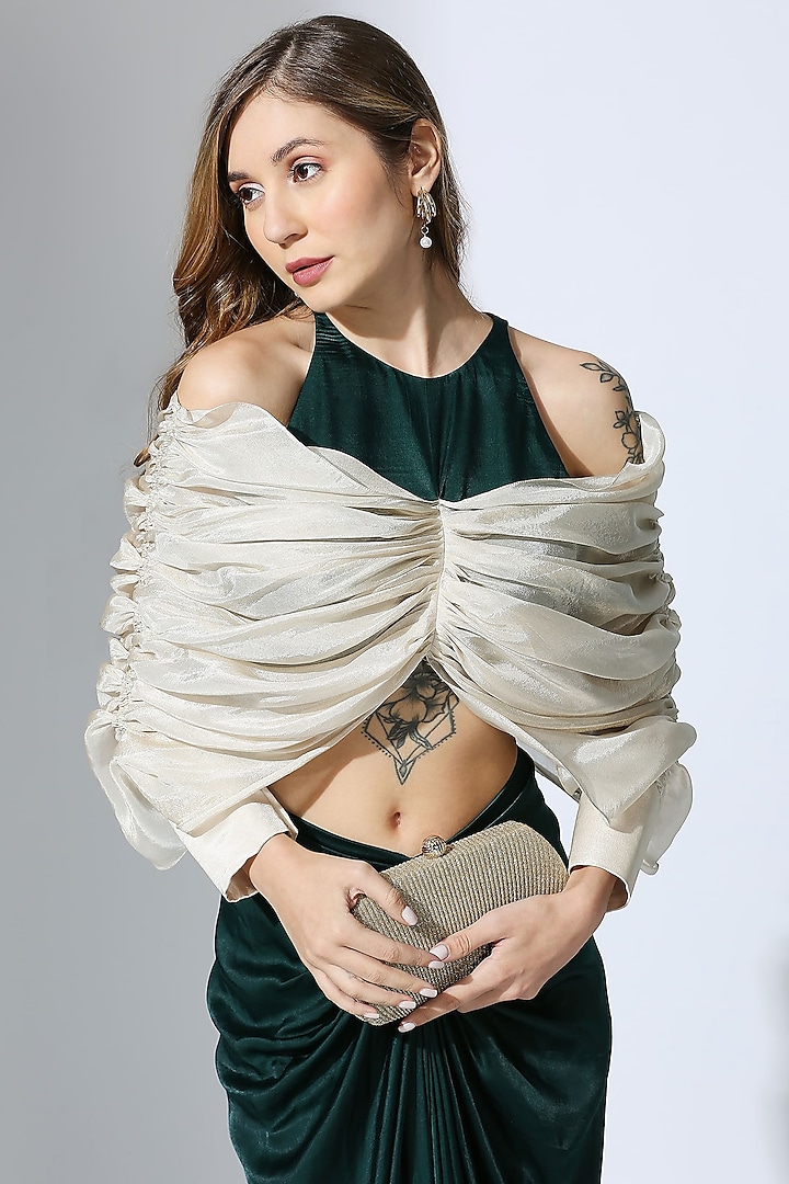 Bottle Green Natural Crepe Draped Skirt Set by MASUMI MEWAWALLA at Pernia's Pop Up Shop