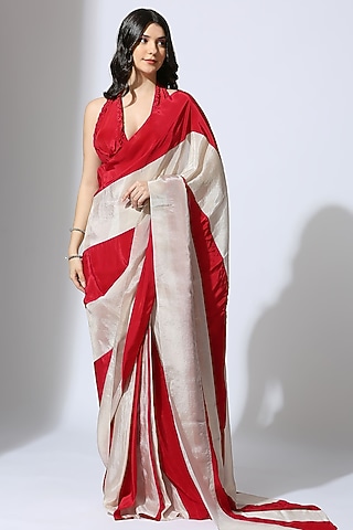 Red and Beige Tissue Stripe Color-Blocked Pre-Stitched Saree Set   by MASUMI MEWAWALLA