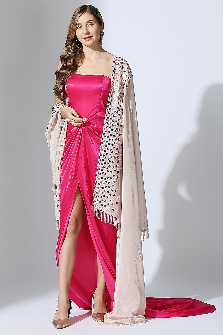 Hot Pink Mashru Gown With Dupatta by MASUMI MEWAWALLA