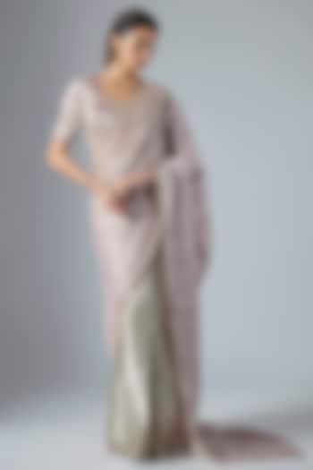 Rose Pink & Silver Handwoven Jacquard Tissue Reception Saree Set by Masumi Mewawalla at Pernia's Pop Up Shop