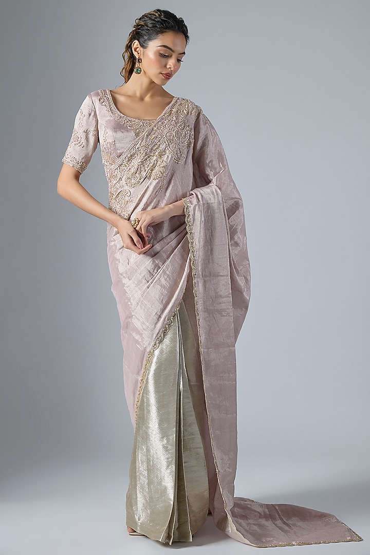 Rose Pink & Silver Handwoven Jacquard Tissue Reception Saree Set by Masumi Mewawalla at Pernia's Pop Up Shop