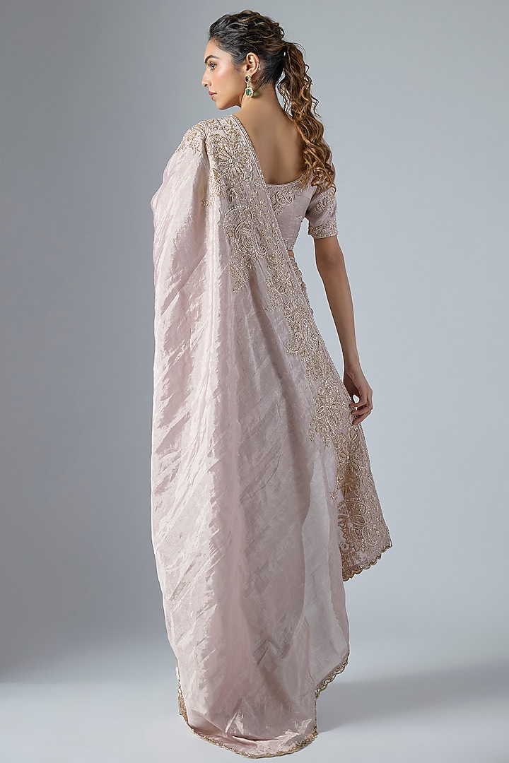 Rose Pink & Silver Handwoven Jacquard Tissue Reception Saree Set by Masumi Mewawalla at Pernia's Pop Up Shop