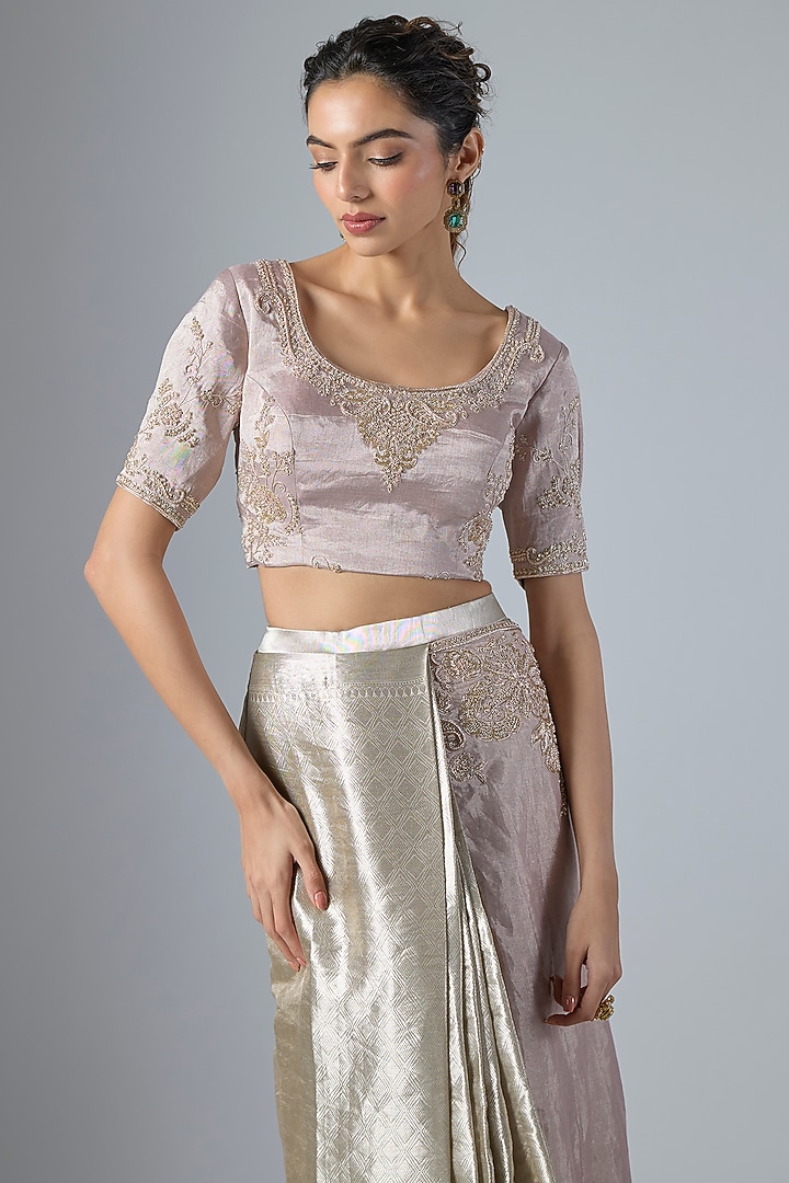 Rose Pink & Silver Handwoven Jacquard Tissue Reception Saree Set by Masumi Mewawalla at Pernia's Pop Up Shop