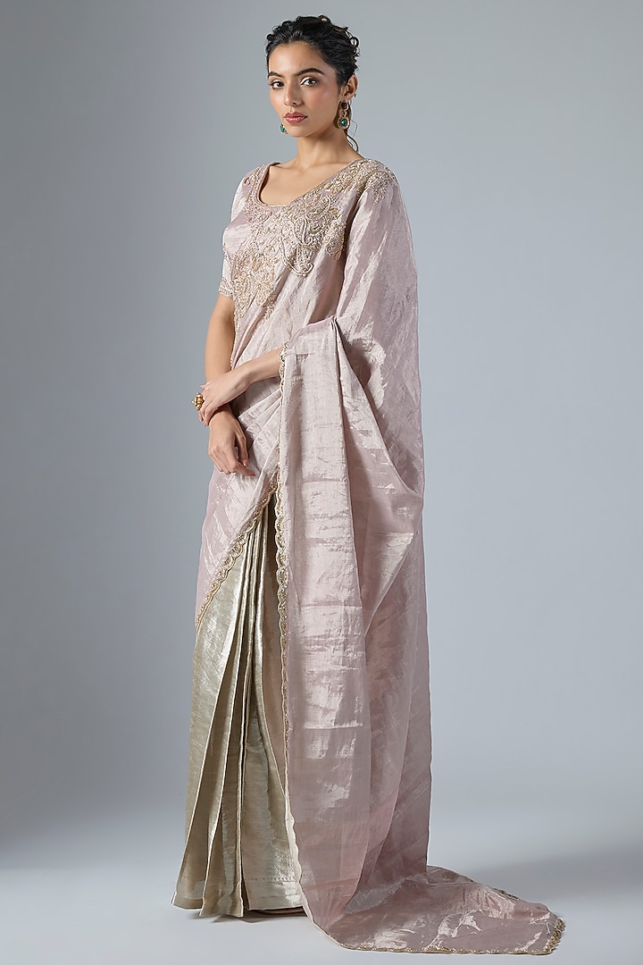 Rose Pink & Silver Handwoven Jacquard Tissue Reception Saree Set by Masumi Mewawalla at Pernia's Pop Up Shop