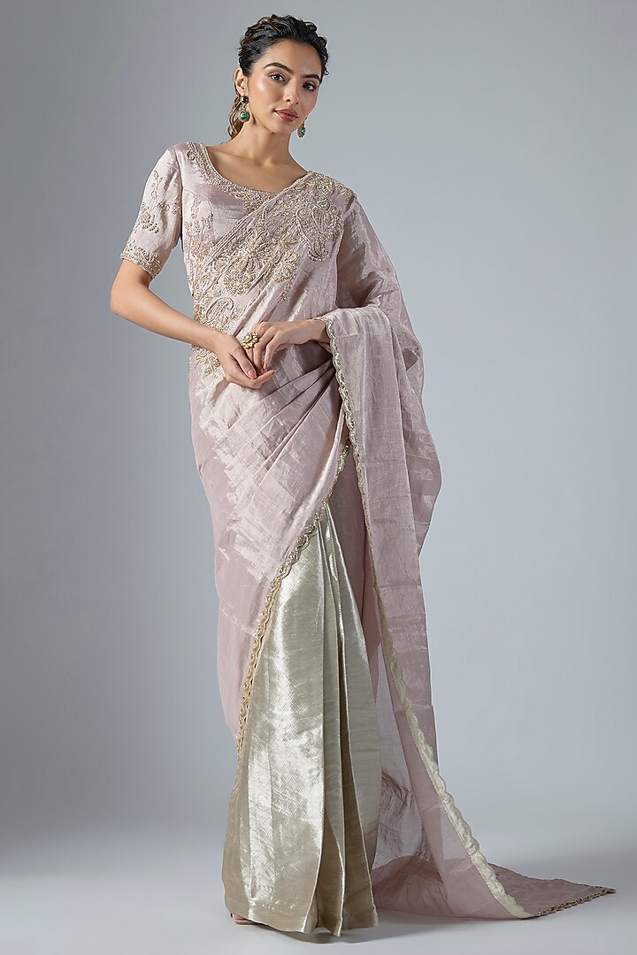 Rose Pink & Silver Handwoven Jacquard Tissue Reception Saree Set by Masumi Mewawalla at Pernia's Pop Up Shop