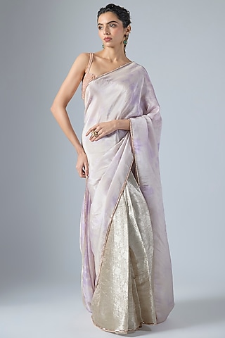 Lilac & Silver Handwoven Jacquard Tissue Saree Set by Masumi Mewawalla