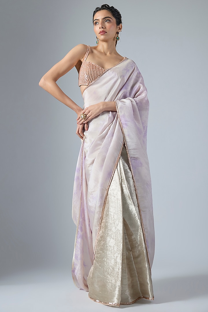 Lilac & Silver Handwoven Jacquard Tissue Wedding Saree Set by Masumi Mewawalla at Pernia's Pop Up Shop