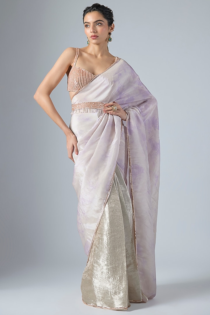 Lilac & Silver Handwoven Jacquard Tissue Wedding Saree Set by Masumi Mewawalla at Pernia's Pop Up Shop