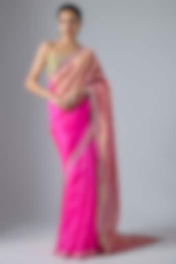 Rani & Neon Pink Organza Embroidered Wedding Saree Set by Masumi Mewawalla at Pernia's Pop Up Shop