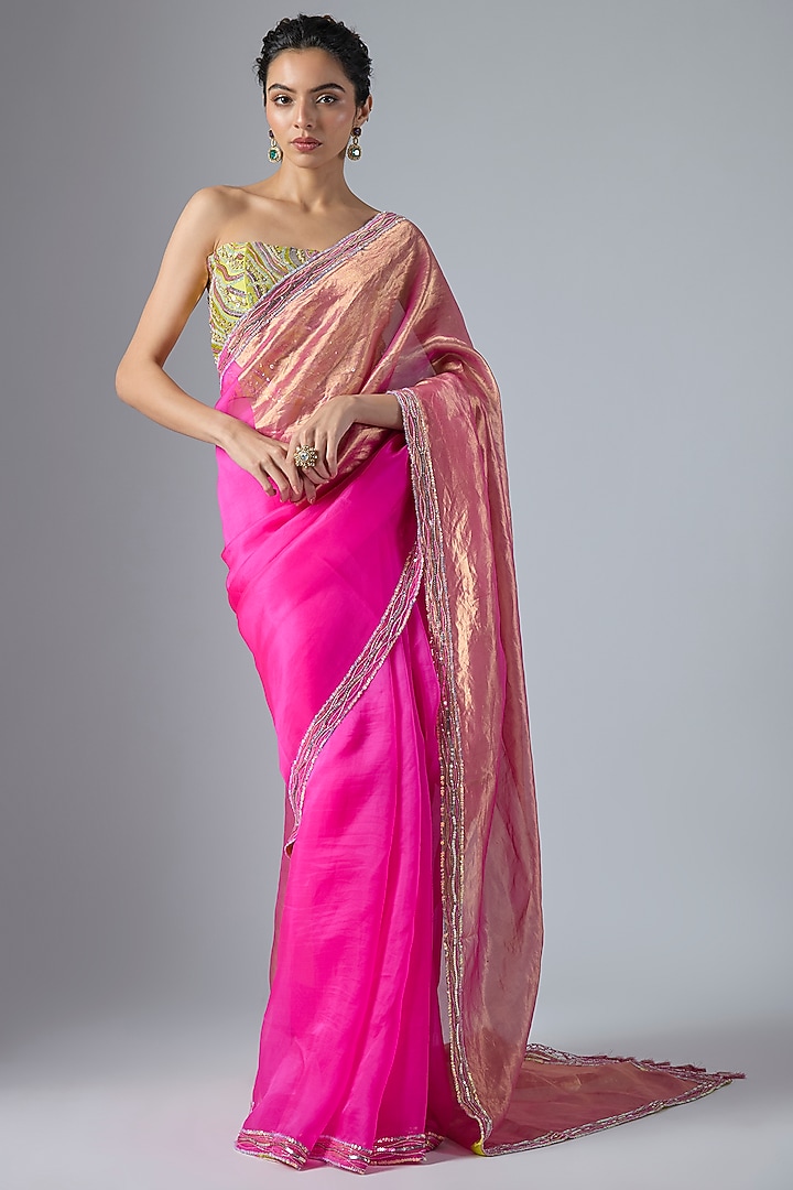 Rani & Neon Pink Organza Embroidered Wedding Saree Set by Masumi Mewawalla at Pernia's Pop Up Shop