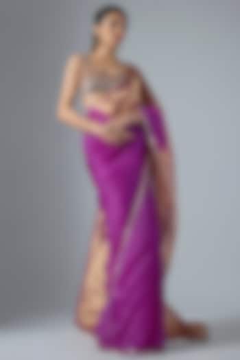 Magenta Tissue Aari Embroidered Wedding Saree Set by Masumi Mewawalla at Pernia's Pop Up Shop