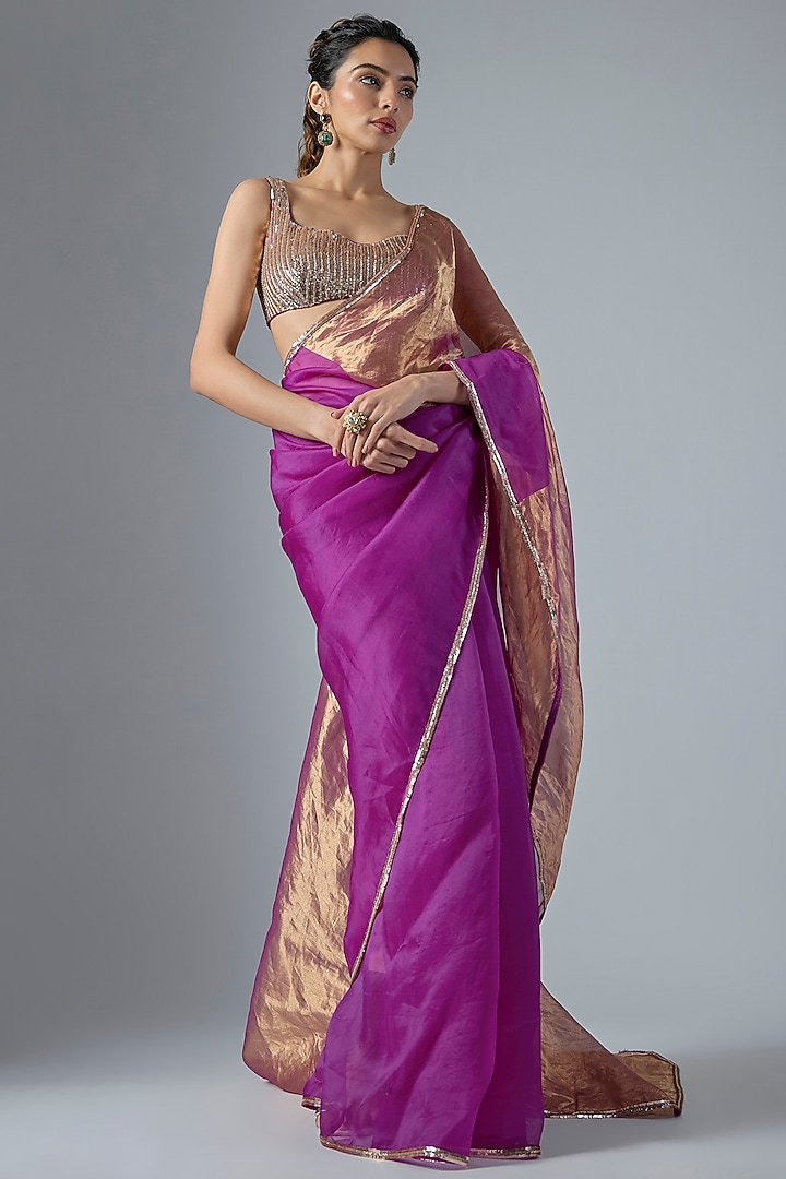 Magenta Tissue Aari Embroidered Wedding Saree Set by Masumi Mewawalla at Pernia's Pop Up Shop