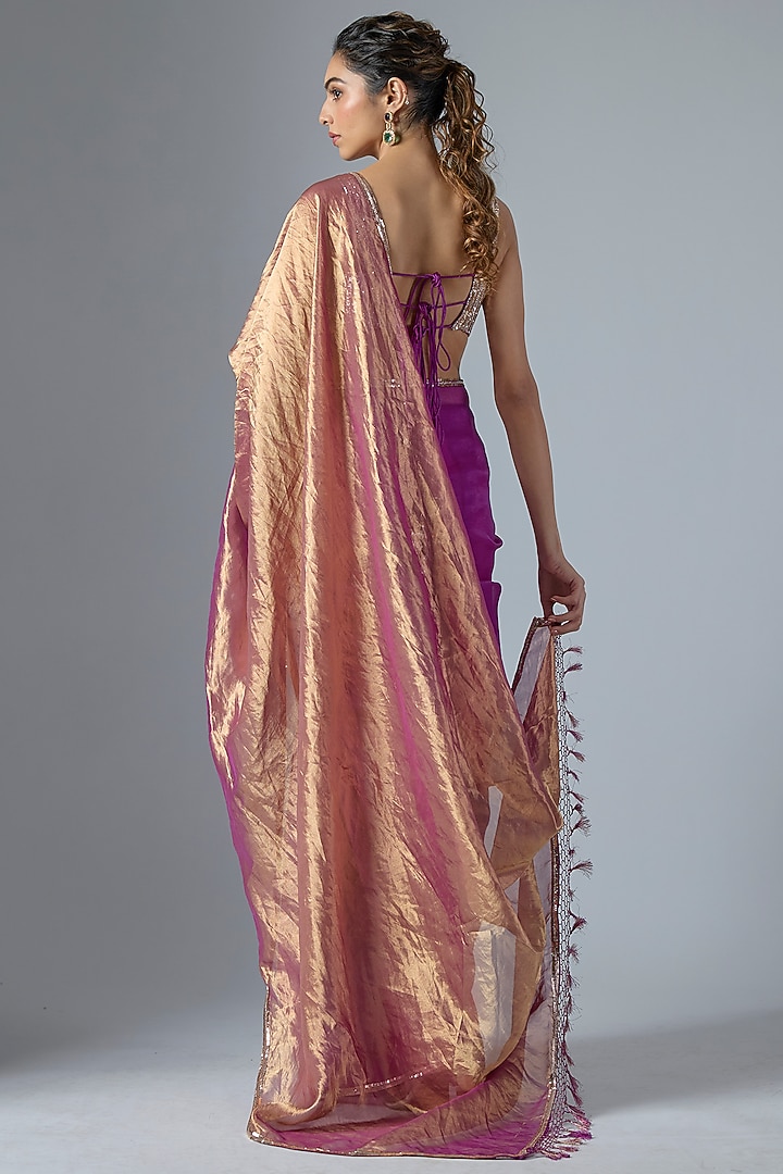 Magenta Tissue Aari Embroidered Wedding Saree Set by Masumi Mewawalla at Pernia's Pop Up Shop