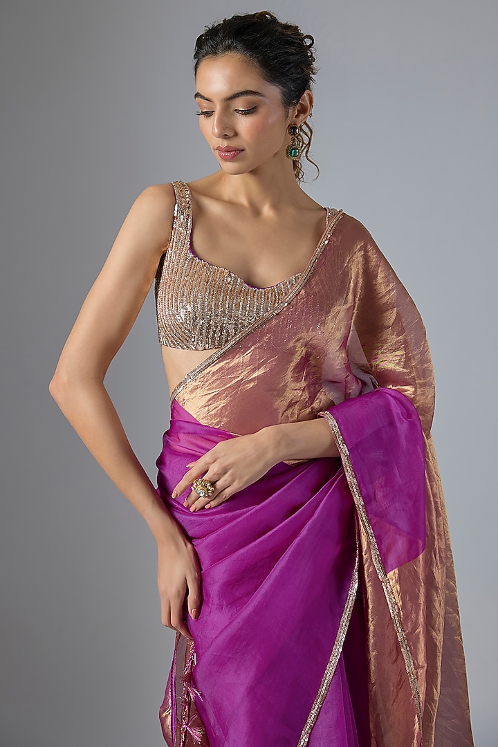 Magenta Tissue Aari Embroidered Wedding Saree Set by Masumi Mewawalla at Pernia's Pop Up Shop
