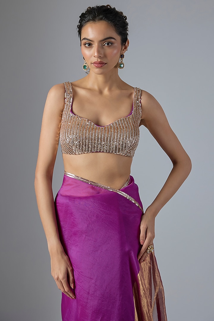 Magenta Tissue Aari Embroidered Wedding Saree Set by Masumi Mewawalla at Pernia's Pop Up Shop