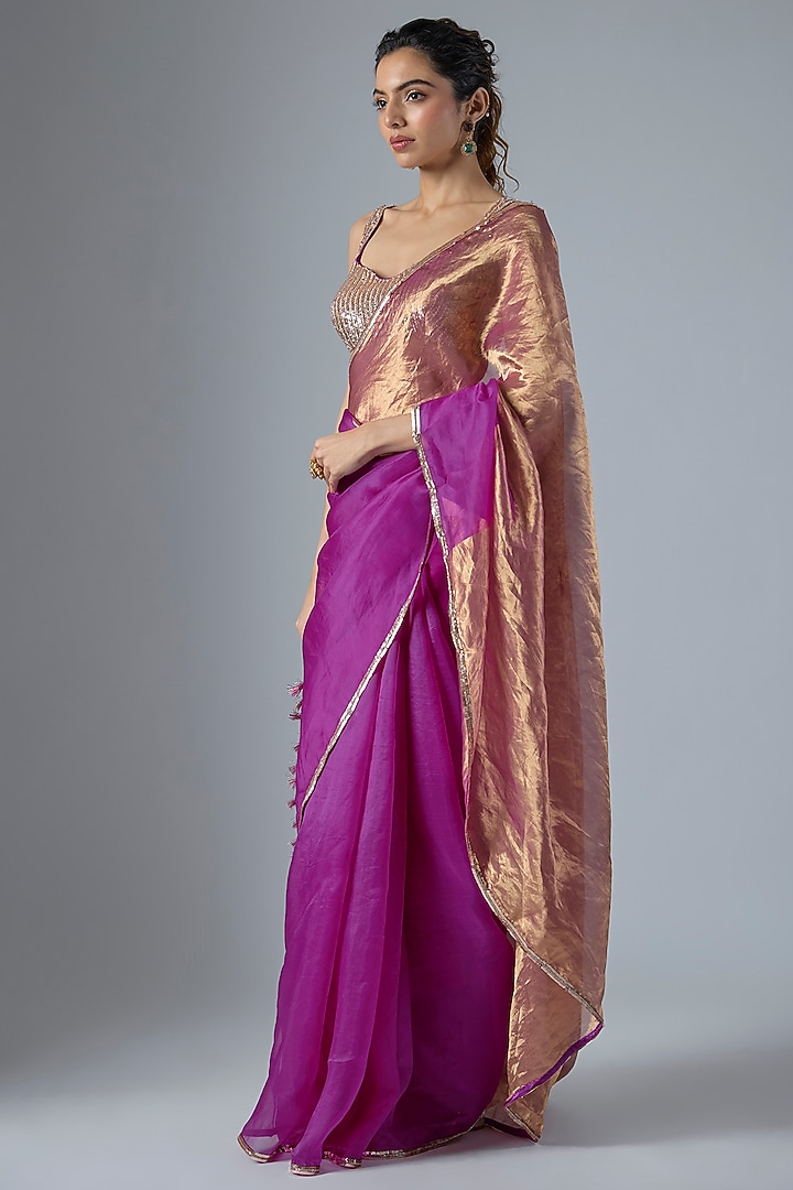 Magenta Tissue Aari Embroidered Wedding Saree Set by Masumi Mewawalla at Pernia's Pop Up Shop