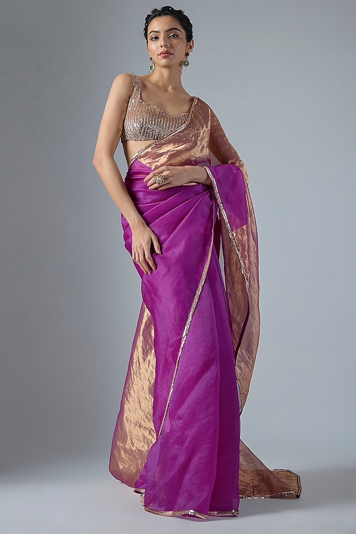 Magenta Tissue Aari Embroidered Wedding Saree Set by Masumi Mewawalla at Pernia's Pop Up Shop