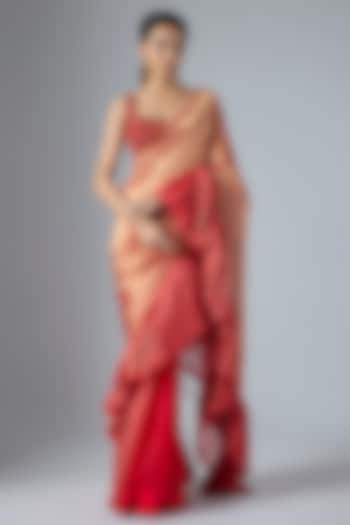 Red Tissue & Organza Aari Embroidered Ruffled Wedding Saree Set by Masumi Mewawalla at Pernia's Pop Up Shop
