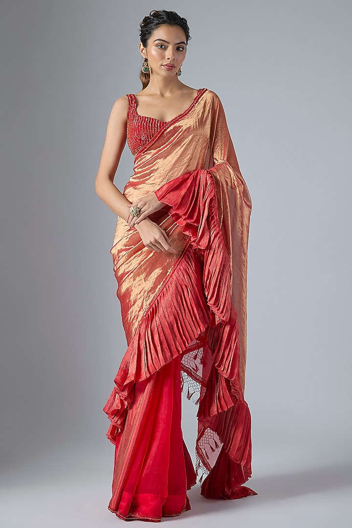 Red Tissue & Organza Aari Embroidered Ruffled Wedding Saree Set by Masumi Mewawalla at Pernia's Pop Up Shop