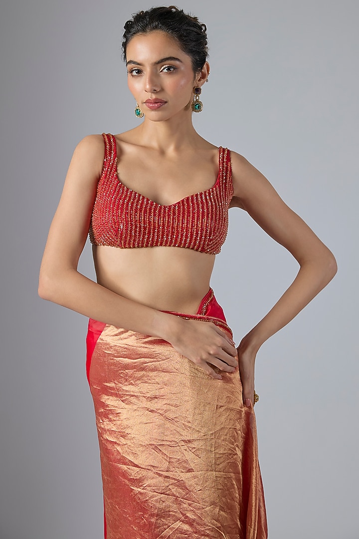 Red Tissue & Organza Aari Embroidered Ruffled Wedding Saree Set by Masumi Mewawalla at Pernia's Pop Up Shop