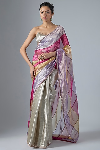 Multi-Colored Tissue Aari Embroidered Saree Set by Masumi Mewawalla