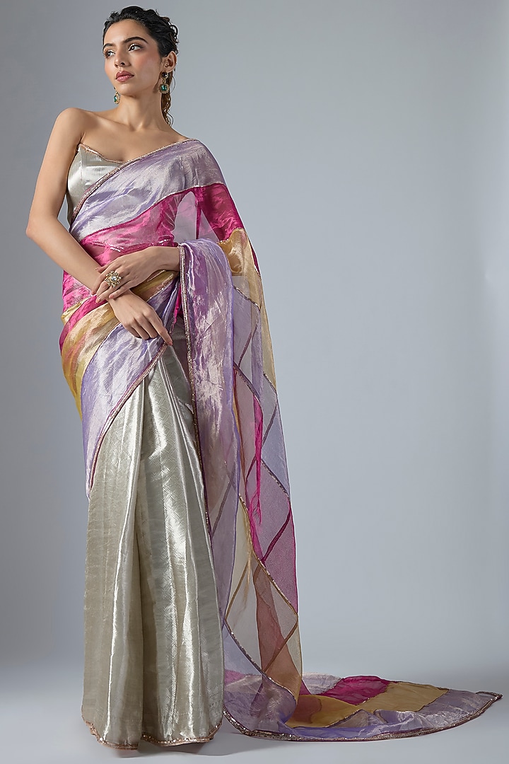 Multi-Colored Tissue Aari Embroidered Wedding Saree Set by Masumi Mewawalla at Pernia's Pop Up Shop