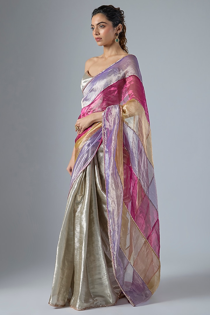Multi-Colored Tissue Aari Embroidered Wedding Saree Set by Masumi Mewawalla at Pernia's Pop Up Shop