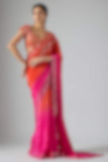 Hot Pink & Orange Ombre Natural Crepe Aari Embroidered Wedding Saree Set by Masumi Mewawalla at Pernia's Pop Up Shop