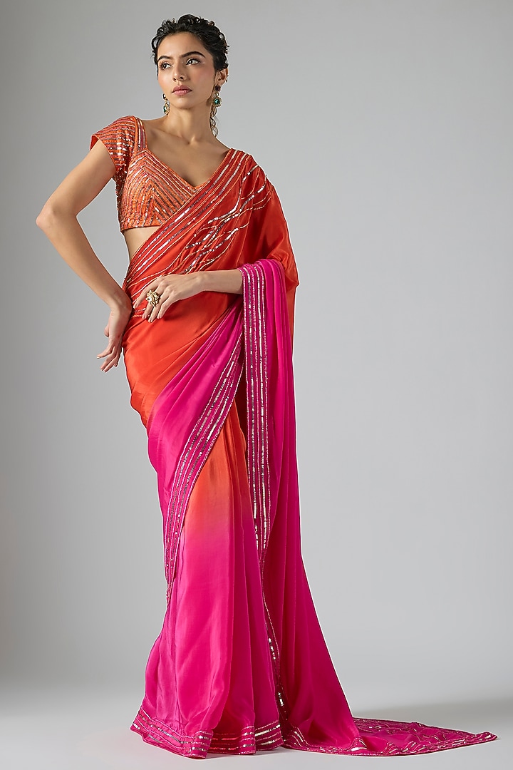 Hot Pink & Orange Ombre Natural Crepe Aari Embroidered Wedding Saree Set by Masumi Mewawalla at Pernia's Pop Up Shop