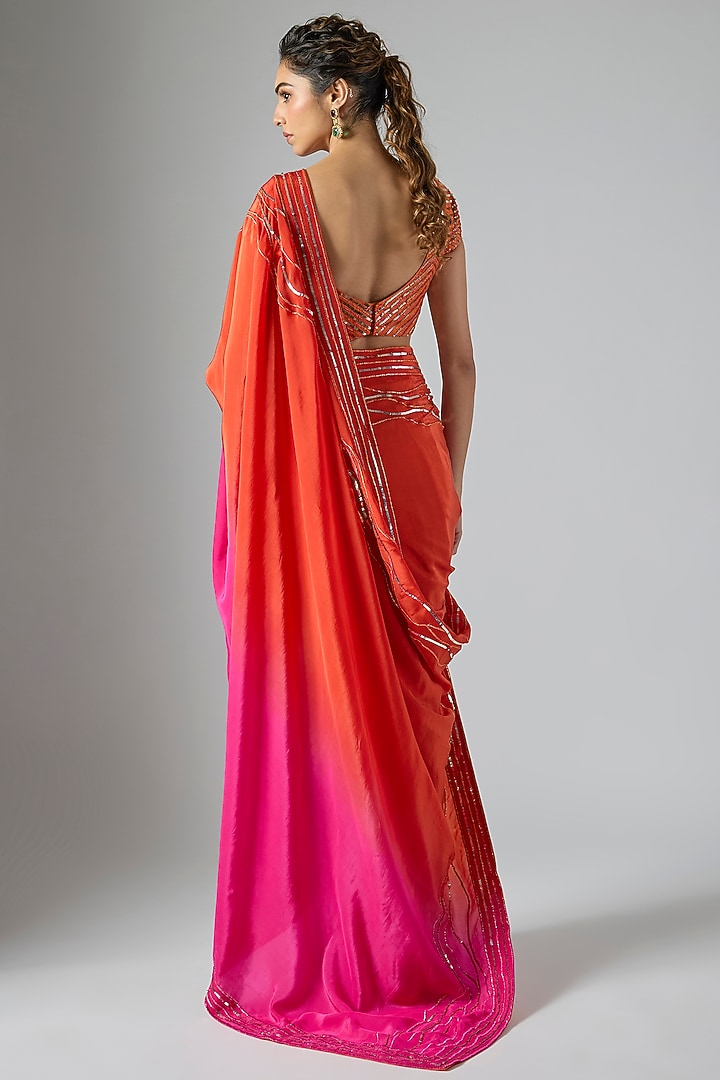 Hot Pink & Orange Ombre Natural Crepe Aari Embroidered Wedding Saree Set by Masumi Mewawalla at Pernia's Pop Up Shop