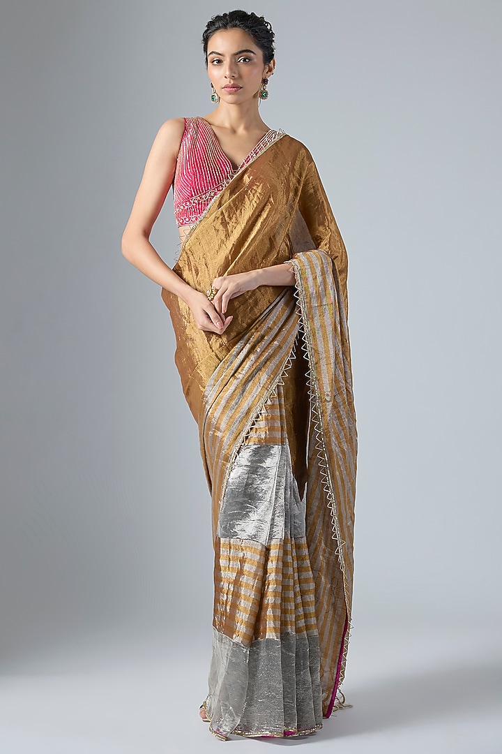 Multi-Colored Handwoven Jacquard Tissue Aari Embroidered Wedding Saree Set by Masumi Mewawalla at Pernia's Pop Up Shop