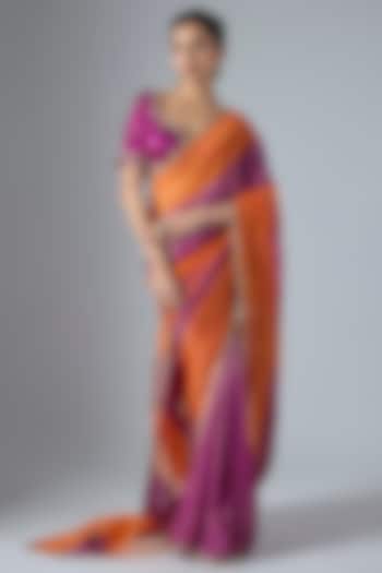 Magenta & Orange Organza Aari Embroidered Wedding Saree Set by Masumi Mewawalla at Pernia's Pop Up Shop