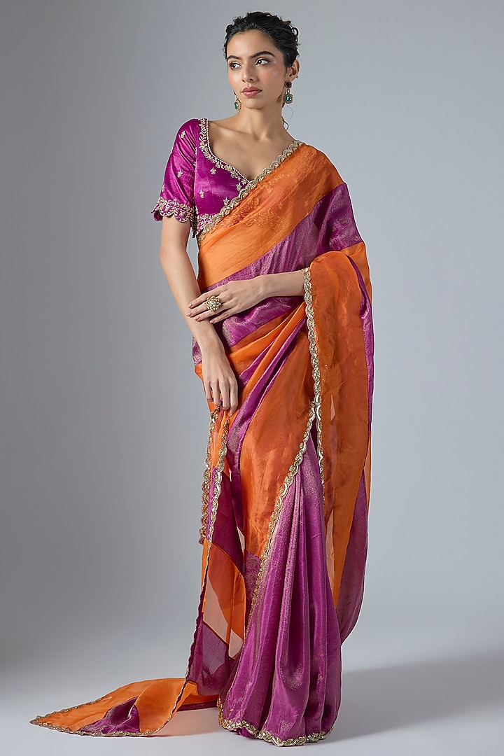 Magenta & Orange Organza Aari Embroidered Wedding Saree Set by Masumi Mewawalla at Pernia's Pop Up Shop
