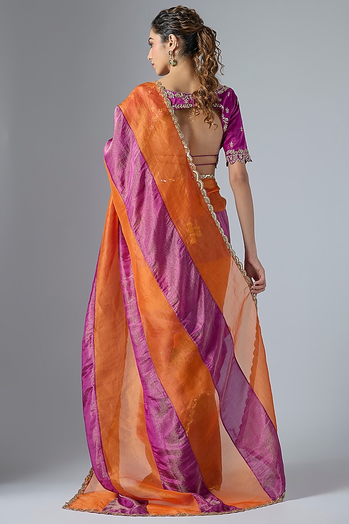 Magenta & Orange Organza Aari Embroidered Wedding Saree Set by Masumi Mewawalla at Pernia's Pop Up Shop